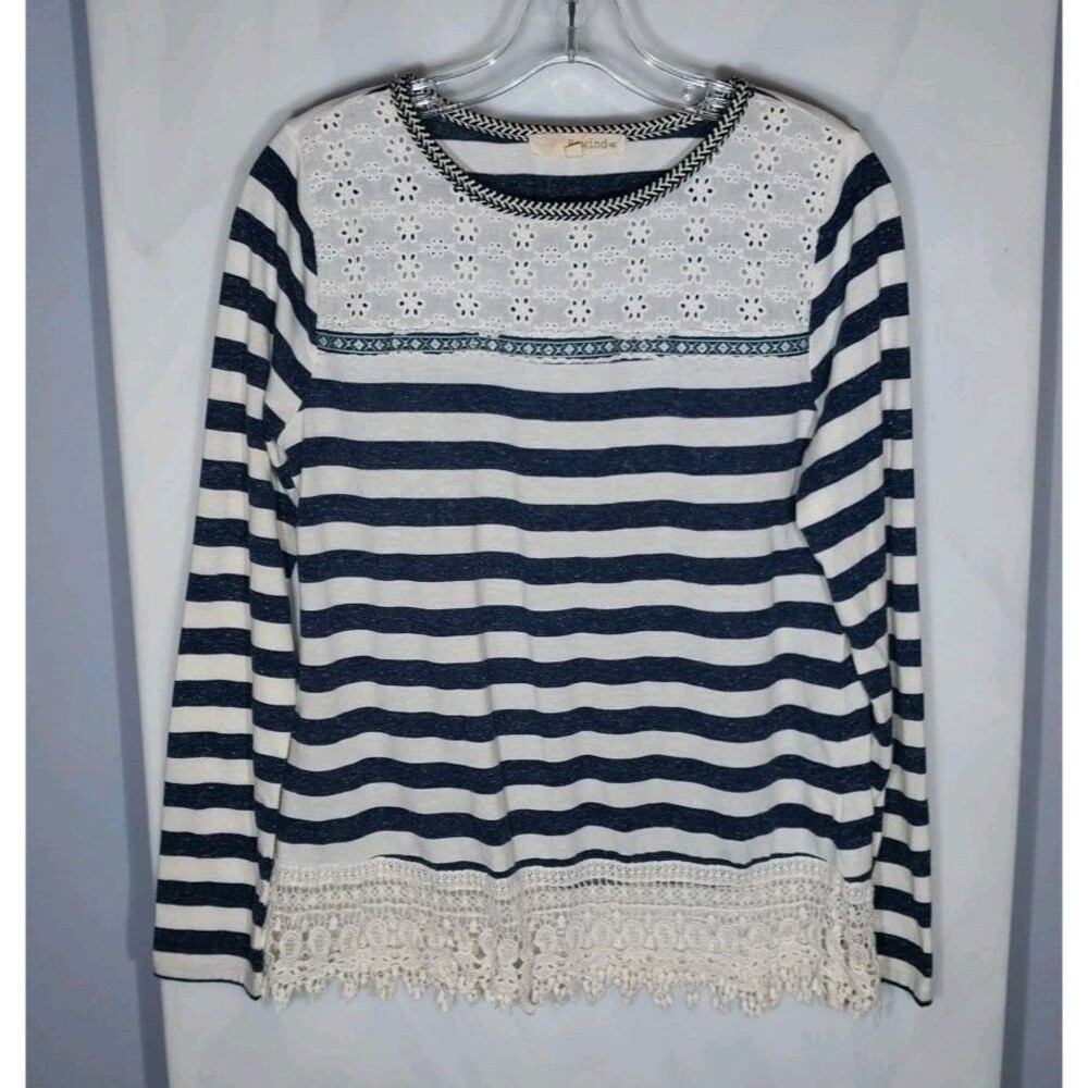 Rewind Womens Linen Blend Top M Crochet Hem Eyelet Stripe Boho Chic Cottagecore